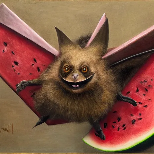 Image similar to realistic fluffy bat falls from the ceiling to eat a triangle slice of watermelon in the museum, highly detailed, sharp focus, oil painting, artwork by Victor Adame Minguez + Lovell + Sandro Botticelli