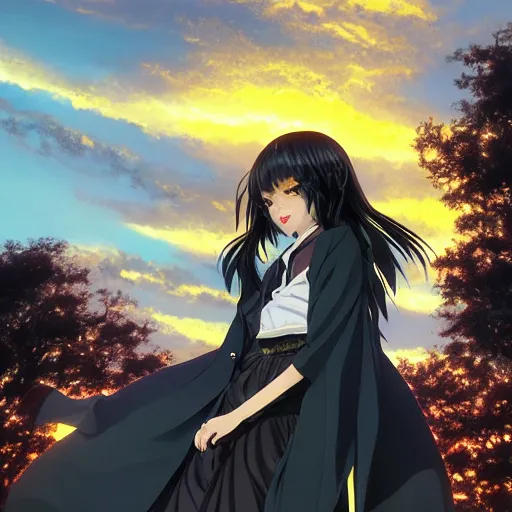 Prompt: black - haired anime girl, 1 7 - year - old anime girl with long bob cut, gothic jacket, golden hour, partly cloudy sky, red clouds, orange sky, strong lighting, strong shadows, vivid hues, ultra - realistic, sharp details, subsurface scattering, intricate details, art by artgerm, greg rutkowski, 2 0 1 9 anime screenshot