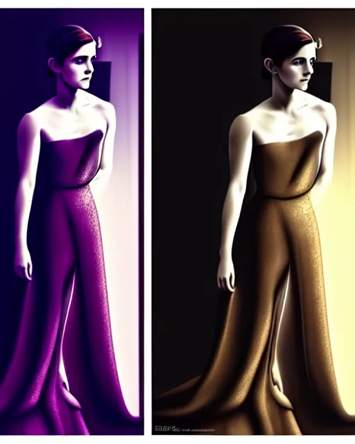 Image similar to Emma Watson wearing an evening gown, vera wang couture, very detailed portrait, ultrarealistic, dramatic lighting, electrical details, high details, 4k, 8k, best, accurate, trending on artstation, fur, artstation, photorealism, ultrarealistic, digital painting, style of Dali, Caravaggio, Boris Vallejo