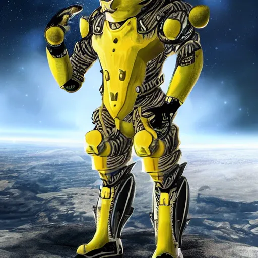 Image similar to humanoid with tiger-like features in futuristic space armor with force fields, yellow eyes, teeth that protrude past the lower lip and fine grayish fur on their faces and backs of their hands and carrying weapons, octane,