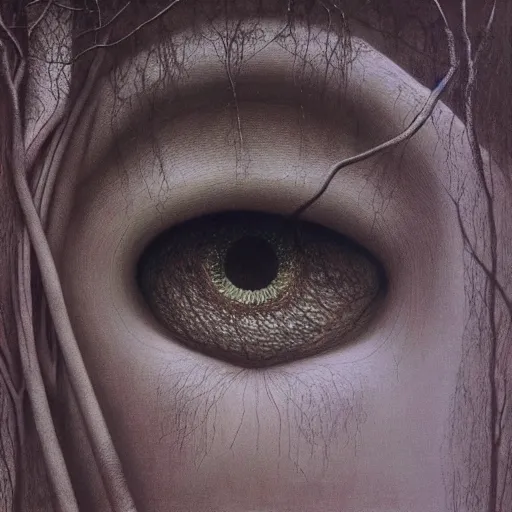 Image similar to her eyes wide by zdzislaw beksinski, oil on canvas