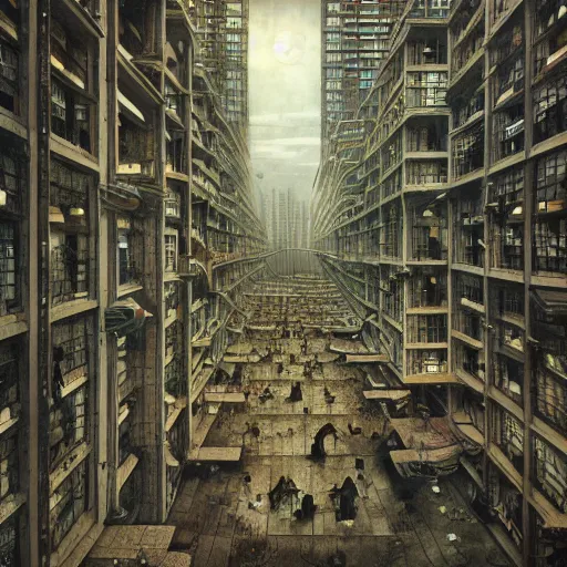 Prompt: sci fi containment building in a city, architecture detailed illustration surrealism by dariusz klimczak pieter bruegel