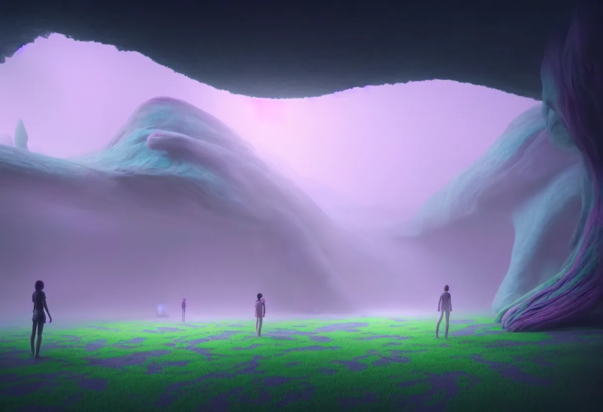 Image similar to inside of alien lush pastel colored landscape of human spirit and imagination, morning fog, matte painting, beautiful render, octane render, concept art