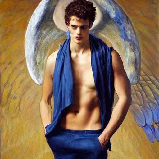 Prompt: Oil painting of the handsome Daniel Sharman in modern clothes, with blue devil wings, naturalism, dramatic lighting, high-detailed oil painting by Ilya Repin, Michelangelo da Caravaggio, William Blake, Alex Grey and Beksinski, trending on Artsatio, masterpiece, 4k, 8k,