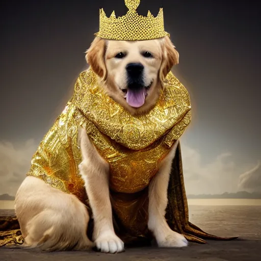 Image similar to Photomanipulation of golden retriver is dressed as a king, Royal standing, ultrarealism, photorealism, detailed, crown and gown