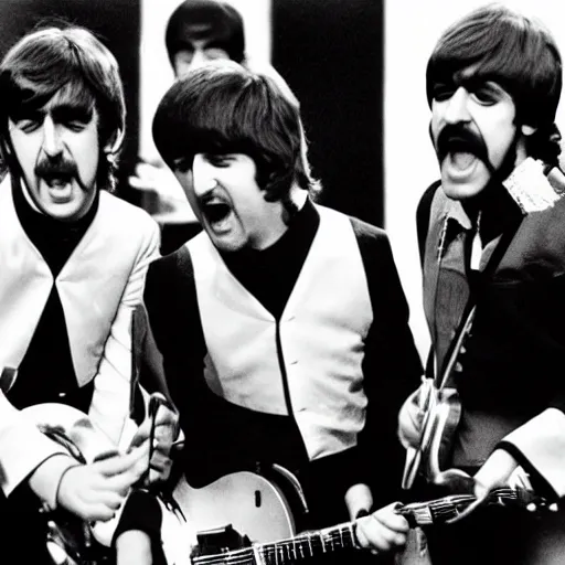 Prompt: the beatles singing in a bowl of fire