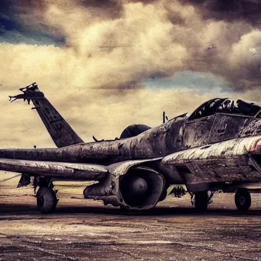Prompt: broken and abandoned Military Jets on a tarmac, gothic art, color, highly detailed