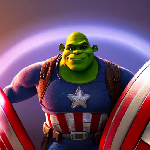 Image similar to digital painting of Shrek as Captain America, octane render, volumetric lightening, by marvel