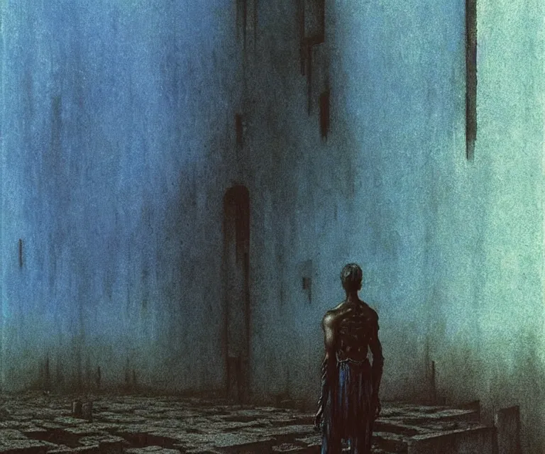 Prompt: tall man consisting of blue translucent shiny material and sparse metallic stripes, standing in ruins in the evening. extremely high details, realistic, fantasy art, solo, masterpiece, art by zdzislaw beksinski, arthur rackham, dariusz zawadzki