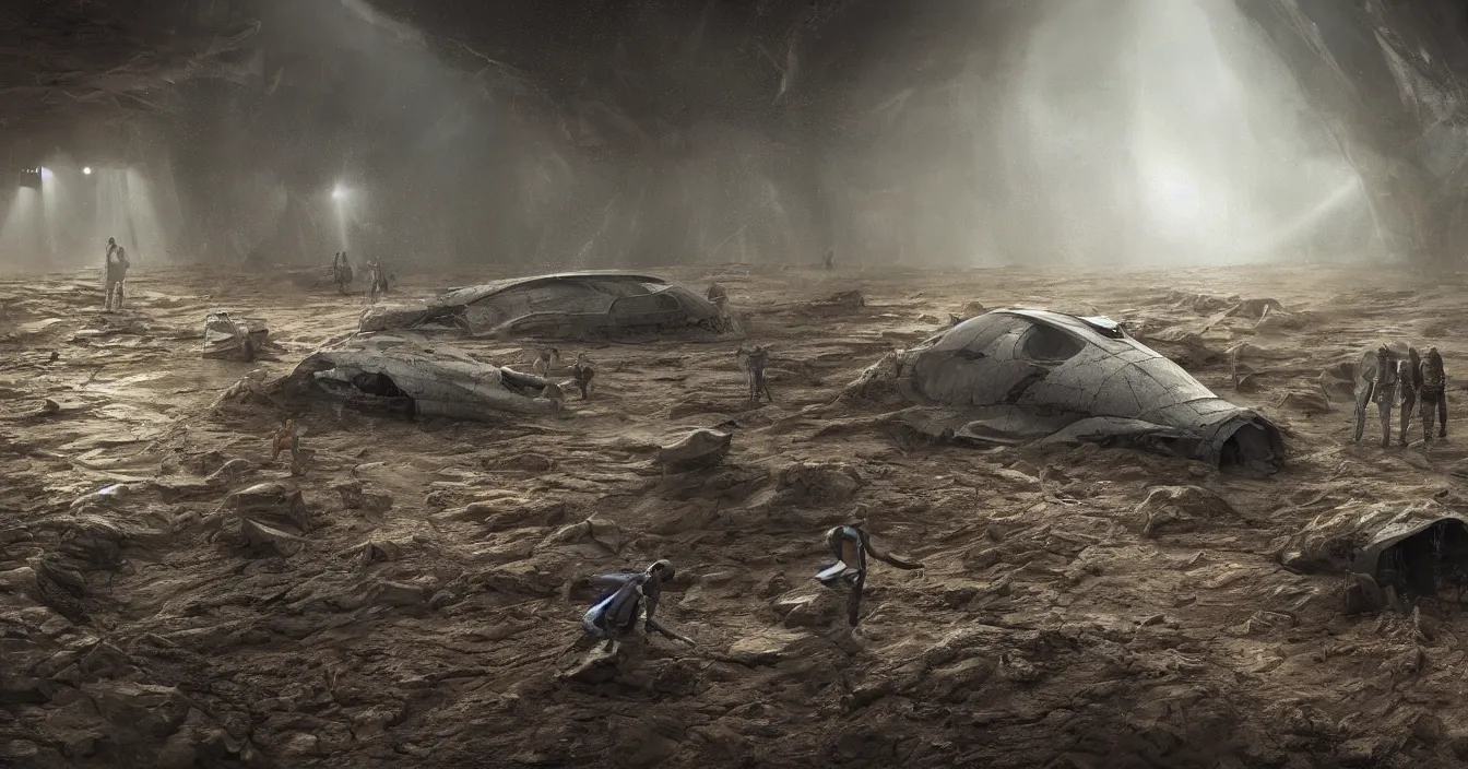 Image similar to futuristic archaeologist excavating buried huge alien spaceship, in dark mud, heavy rain, reflections, volumetric light in rain, deep sense of horror atmosphere, visual fidelity and plasticity, deep depth, defocus, in style of james paick, rendered in vray, raytracing, raymarching