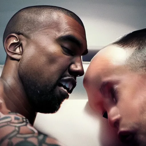 Prompt: kanye west beating up pete davidson, cinematic, color grading, camcorder effect, ektachrome, fujifilm superia, side - view, closeup - view, rtx, glsl - shaders, post - production, cel shading, vfx, by wangechi mutu, by weta digital, by weta fx, by wlop