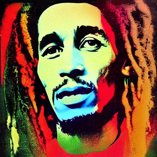 Image similar to Pop-art portrait of Bob Marley in style of Andy Warhol, photorealism