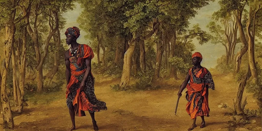 Prompt: ashanti soldier wearing a toga with african print. he is walking through the forest. romanticist painting