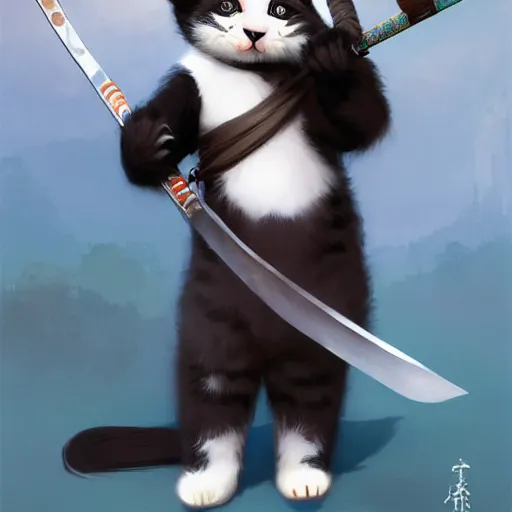 Image similar to cute kitten with panda body and cat face, in a kimono, holds a sword, by greg rutkowski, highly detailed, 4 k