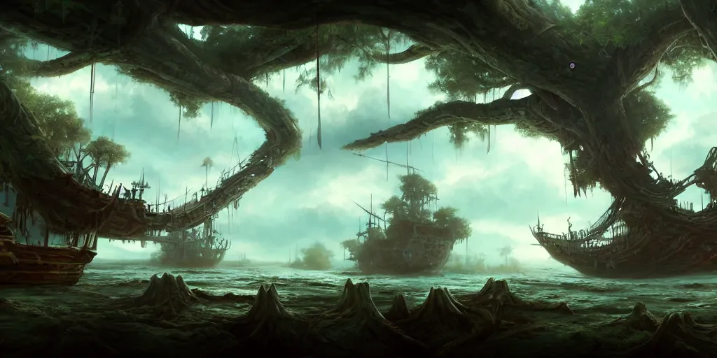 Prompt: A derelict pirate ship grounded in the treetops of giant oaks, game art matte painting hyperdetailed, artstation, cgsociety, 8k, surreal dream landscape