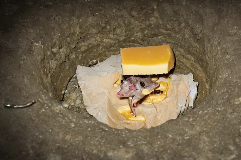 Image similar to a mutant disgusting rat eating cheese in a sewer, photograph, terror, horror, mutant,