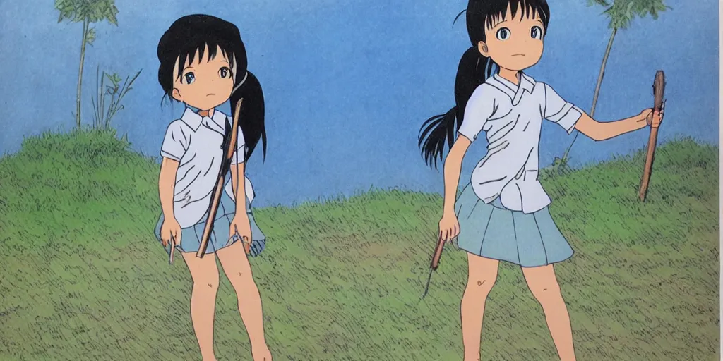 Image similar to sri lankan school girl, drawn by hayao miyazaki, rule of thirds