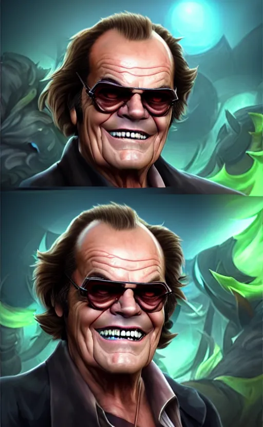 Image similar to Jack Nicholson as a character in the game League of Legends, with a background based on the game League of Legends, detailed face, old 3d graphics