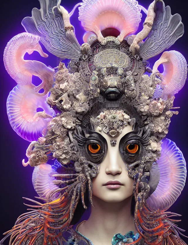 Image similar to 3 d goddess close - up 3 / 4 portrait with ram skull. beautiful intricately detailed japanese crow kitsune mask and clasical japanese kimono. betta fish, jellyfish phoenix, bio luminescent, plasma, ice, water, wind, creature, artwork by tooth wu and wlop and beeple and greg rutkowski