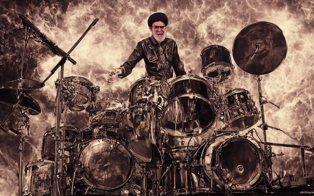 Image similar to khamenei playing drums in heavy metal band in hell hanged bodies in horizon, high definition, trending on artstation, unreal engine, photorealistic, high resolution,, trending on deviantart, hdr, hyper detailed, insane details, intricate, elite, ornate, elegant, luxury, dramatic lighting