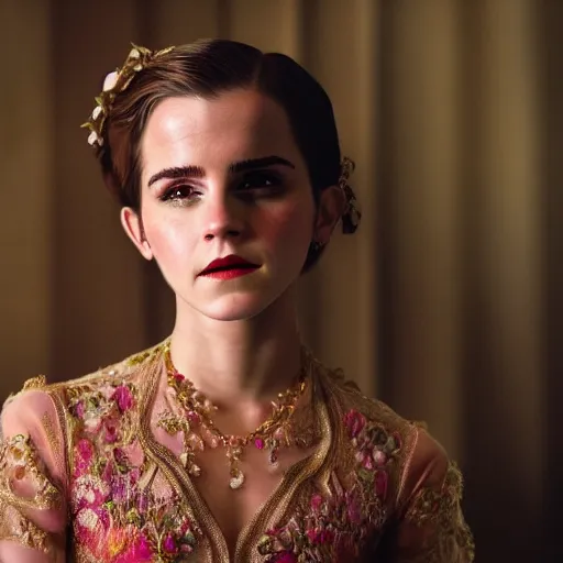 Image similar to 3 5 mm coloured film portrait of emma watson wearing kebaya, hyperrealism, photorealistic, detailed, atmospheric, 8 k, award winning photography, cinematic