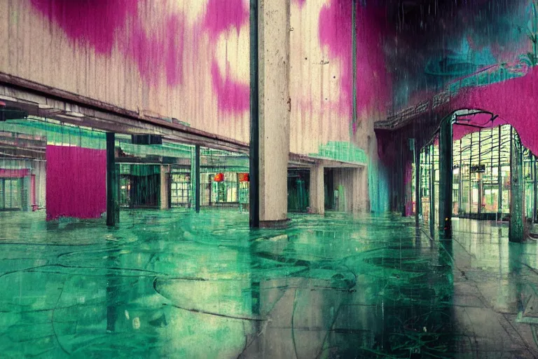 Prompt: abandoned 9 0 s mall interior, rain like a dream, oil painting, cinematic, overgrown, dramatic, volumetric lighting, cyberpunk, basquiat + francis bacon + gustav klimt + beeple, elevated street art, fantasy lut, textural, pink, blue, purple, green,