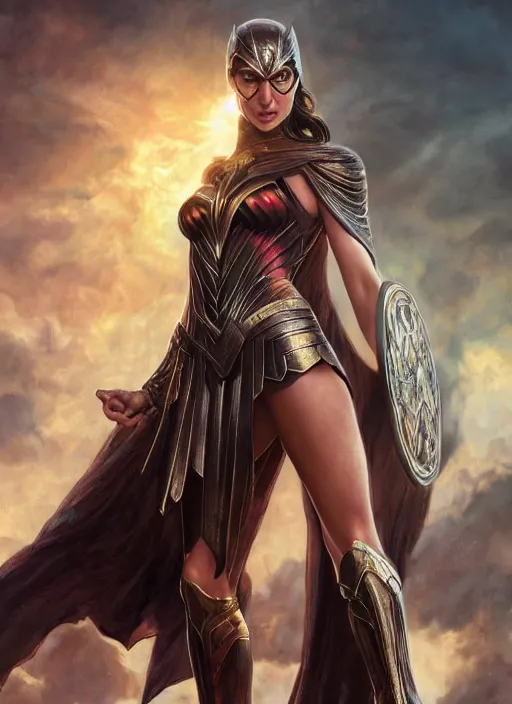 Image similar to Gal Gadot as Hell Lord, full body shot, epic, fantasy, intricate, elegant, volumetric lighting, highly detailed, digital painting, 4k, HDR, concept art, smooth, sharp focus, illustration, art by artgerm and alex ross and alphonse mucha