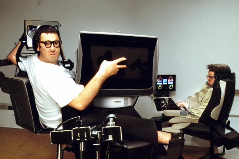 Prompt: large man with a robot arm sitting in a gamer chair, from 1999, bathed in the glow of a crt television, crt screens in background, low-light photograph, in style of terry richardson