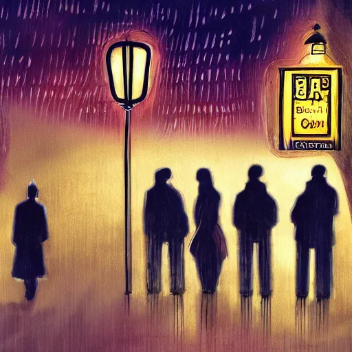 Image similar to some people waiting in bus stop in dark city night, detailed, high quality, high resolution, by deviantart