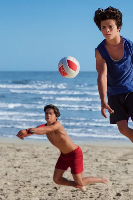 Image similar to young jake t. austin playing volley ball on the beach in beach kings film, red weapon 8 k s 3 5, cooke anamorphic / i lenses, highly detailed, cinematic lighting