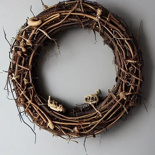 Prompt: a wreath made of twigs and small animal bones