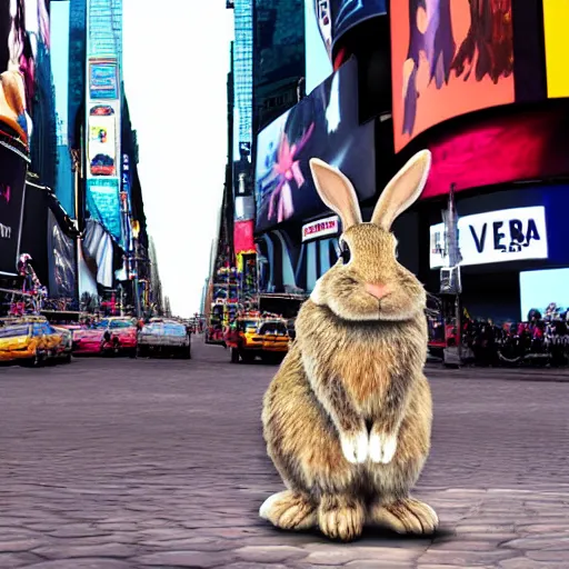 Prompt: a rabbit standing in times square, photorealistic