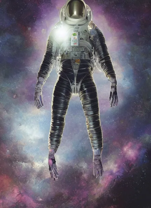 Image similar to astronaut in dark void underwater - complex and hyperdetailed technical suit design. reflection and dispersion materials. rays and dispersion of light. volumetric light. f / 3 2. noise film photo. flash photography. ultra realistic, 5 0 mm. poster by wayne barlowe, hajime sorayama aaron horkey, craig mullins