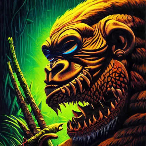 Image similar to side profile of barong family member, wiwek, mara demon, one single tribe member, jungle, one single mask, dark, ancient warrior, gorilla, lizard, tribal, inner glow, art by dan mumford and justin gerard