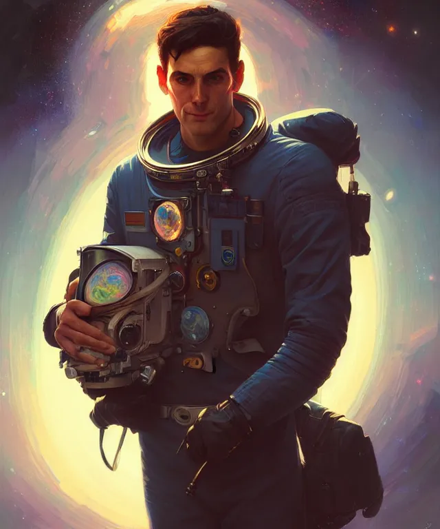 Image similar to Hacker man spaceman portrait, highly detailed, digital painting, artstation, concept art, smooth, sharp focus, illustration, art by artgerm and greg rutkowski and alphonse mucha