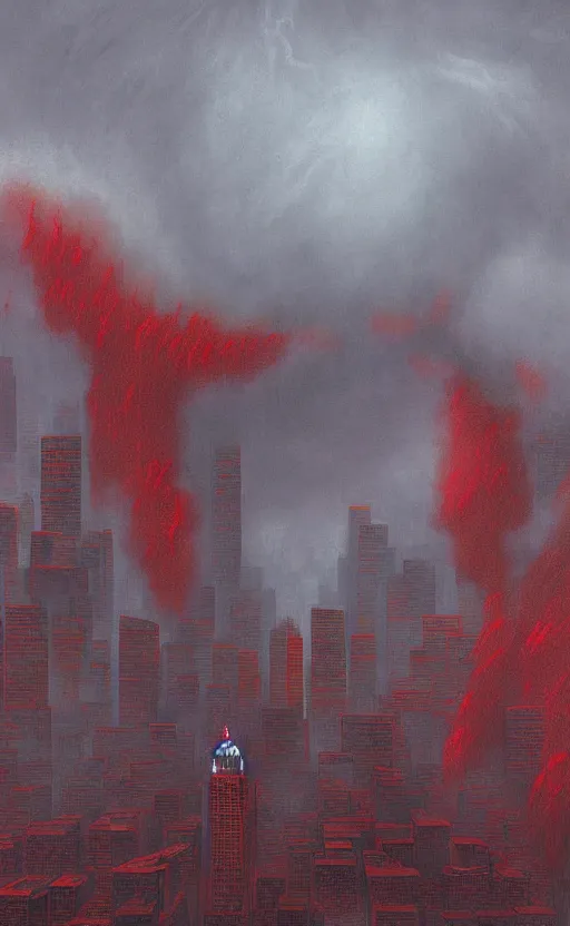 Image similar to an digital art of fire red alert storm that destroys new york city in style of zdislaw beksinski