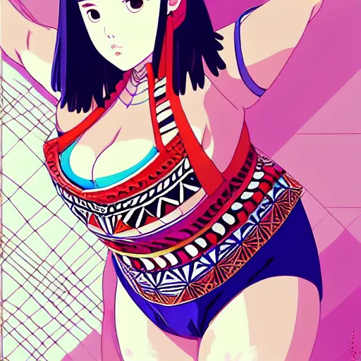 Image similar to a beautiful plus sized model japanese natalie portman, alluring plus sized model, wearing mayan leotard with elegant mayan apron overalls, street fashion hip hop style with mayan patterns, aztec street fashion, gapmoe yandere grimdark, trending on pixiv fanbox, painted by greg rutkowski makoto shinkai takashi takeuchi studio ghibli, akihiko yoshida