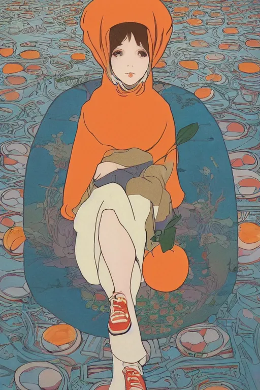 Image similar to a Girl in a large hood sitting on the ground and Slices of orange, cd and microphones float around ,Visual Communication Design by studio ghibli and mucha ,Refreshing colour