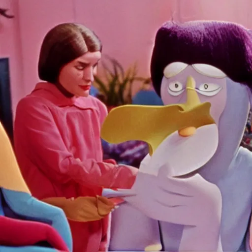 Prompt: still from a children's television show about woman wearing a long nose 1974 technicolor