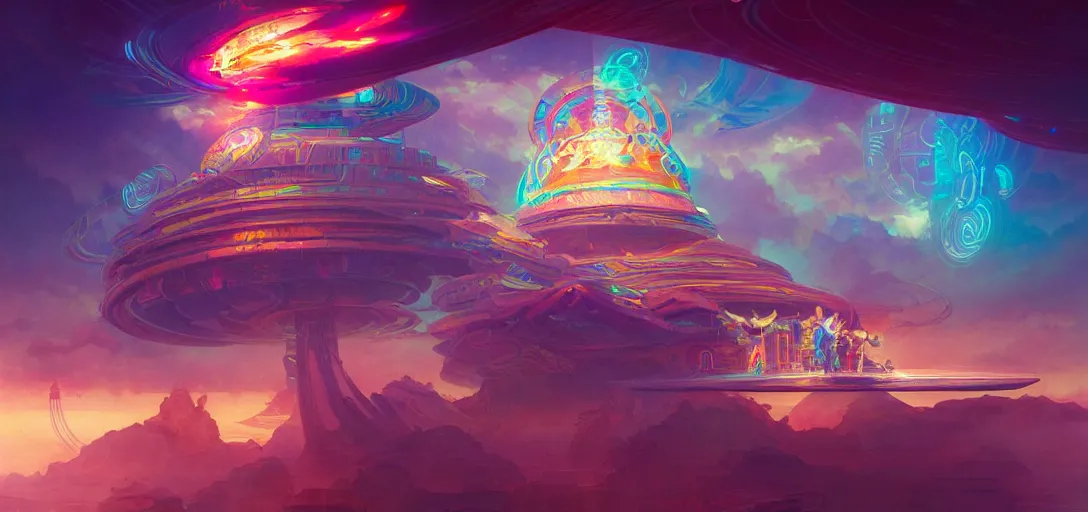 Image similar to a floating temple, channeling swirling energy, wearing netrunner clothing, vaporwave aesthetic, colorful, psychedelic, digital painting, artstation, concept art, smooth, sharp focus, illustration, art by artgerm and greg rutkowski and alphonse mucha