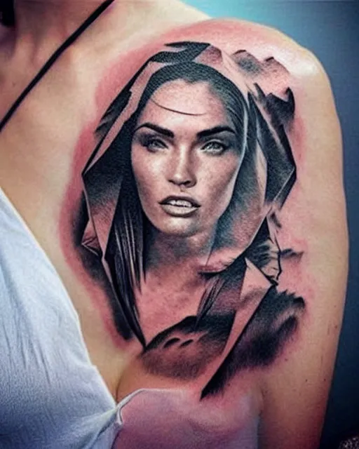 Prompt: creative double exposure effect tattoo design sketch of megan fox and beautiful mountains, realism tattoo, in the style of matteo pasqualin, amazing detail, sharp