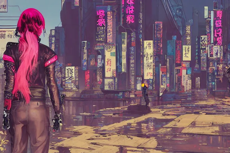 Image similar to punk leather samurai with pink hair. tokyo can be seen in the distance. art in the style of vincent di fate's cyberpunk 2 0 2 0.