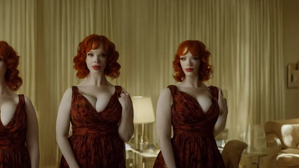 Image similar to a very happy beautiful Christina Hendricks and her twin sister in the living room, film still from the movie directed by Denis Villeneuve with art direction by Salvador Dalí, wide lens