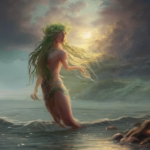 Prompt: the nature spirit, goddess of lake erie. great lakes. lake erie, ohio. character design. concept art. analogous colors. rule of thirds. detailed. masterpiece 4 k unreal engine 5. wideshot. by wlop. ruan jia. repin. krenz cushart - n 4