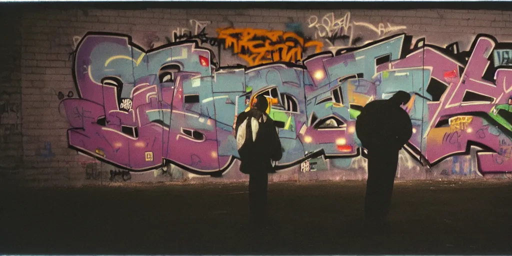 Image similar to bronx, night, city lights, graffiti on the wall, man in the carhartt jacket, coloured film photography, 3 5 mm film, bruce davidson photography, willy spiller photography