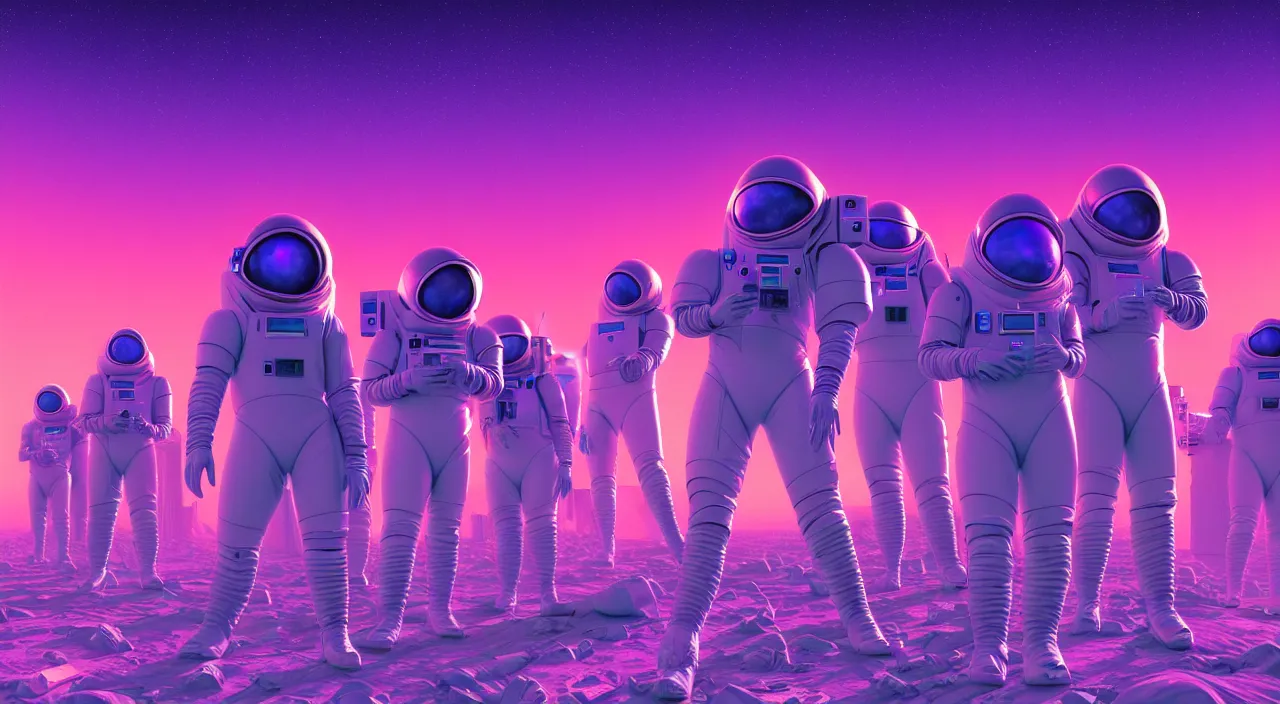 Prompt: hyper detailed neo-surreal neon purple and blue propaganda poster of mars workers from the 2050s cinematic lighting 8k wide angle shallow depth of field