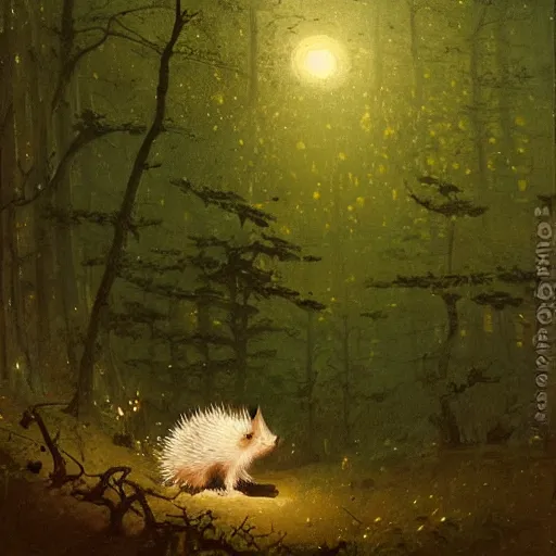 Prompt: an oil painting of a hedgehod sitting in a moonlit forrest with a clear sky and visible stars. By carl spitzweg tuomas korpi and greg rutkowski