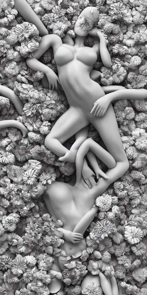 Prompt: a sculpture of human bodies intertwined, a lovely cornucopia of flowers and human body parts, body parts, highly detailed, octane render, cinematic