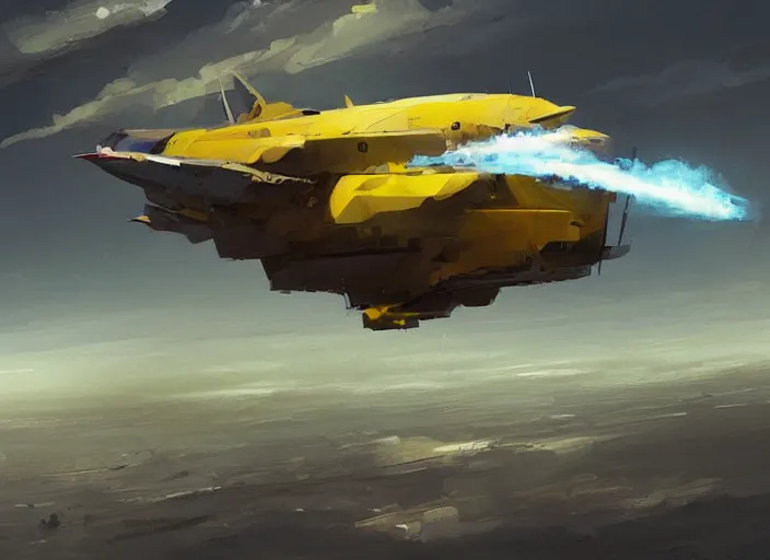 Image similar to a painting of a futuristic yellow submarine plane flying through the sky, light cloud, concept art by Ian McQue, cgsociety, highly detailed, artstation, concept art, sci-fi