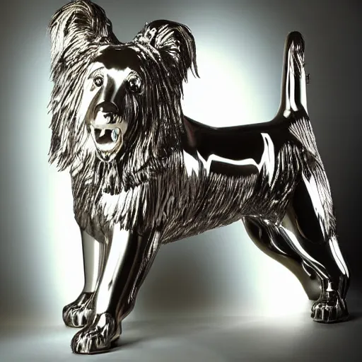 Image similar to A shiny metallic sculpture of a rough collie by Jeff Koons